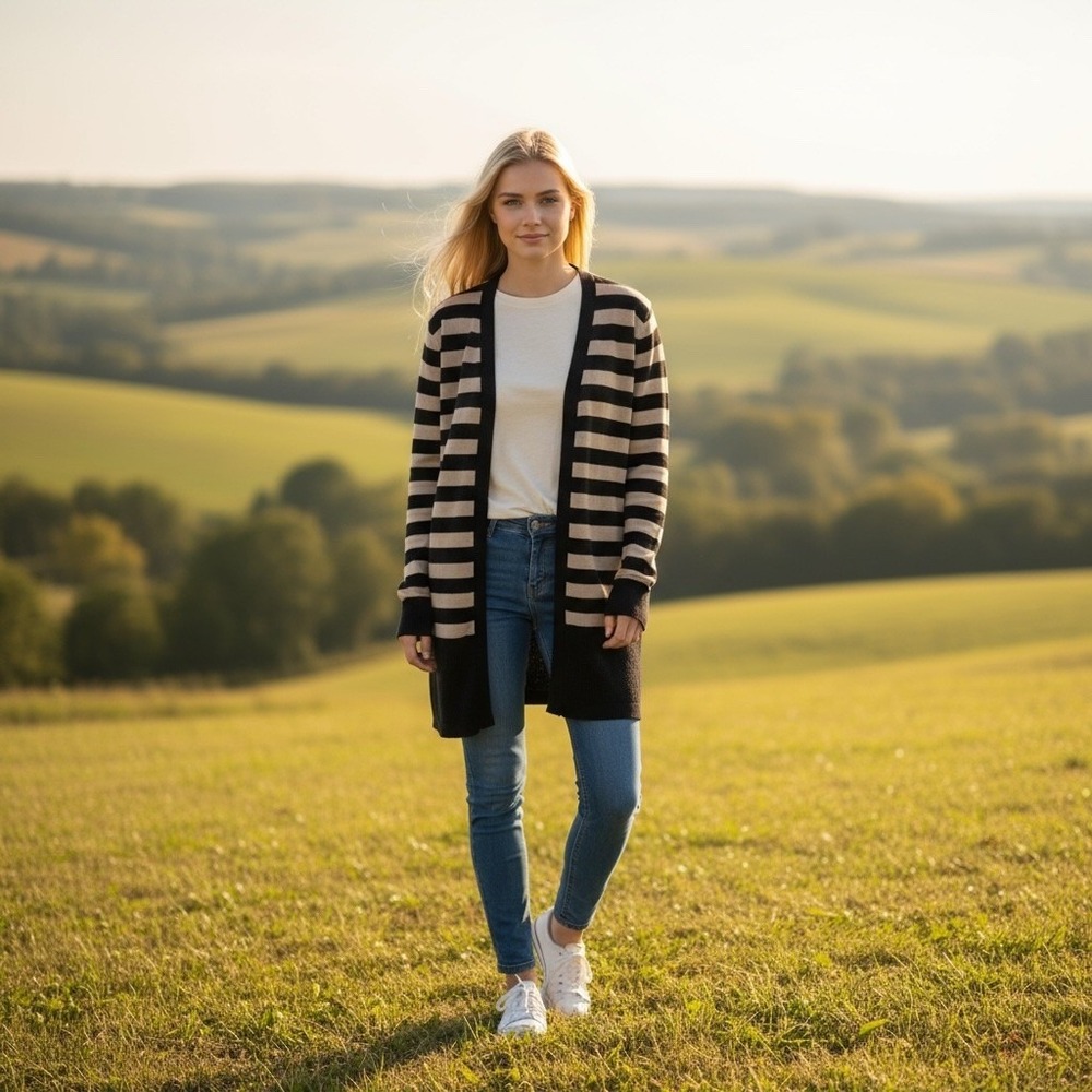 LOFT Striped Cardigan Sweater Womens Small Open‎ Front Tan Black Duster